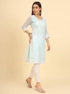 Sky blue colour georgette kurti with fancy ethnic resham embroidery work 5