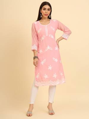 Pink colour georgette kurti with fancy ethnic resham embroidery work 1