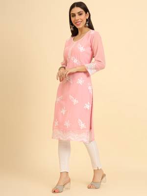 Pink colour georgette kurti with fancy ethnic resham embroidery work 4