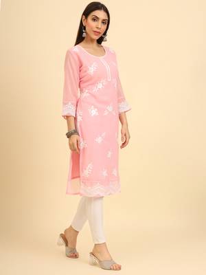 Pink colour georgette kurti with fancy ethnic resham embroidery work 5