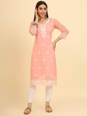 Peach ethnic lukhnowi chikankari work georgette fabric kurti 1