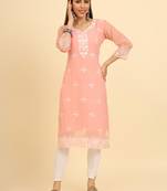 Peach ethnic lukhnowi chikankari work georgette fabric kurti