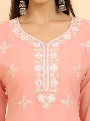 Peach ethnic lukhnowi chikankari work georgette fabric kurti 3
