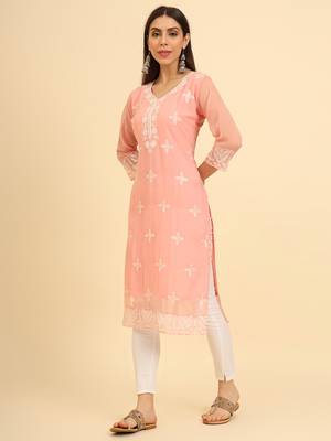 Peach ethnic lukhnowi chikankari work georgette fabric kurti 4