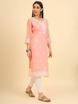 Peach ethnic lukhnowi chikankari work georgette fabric kurti 5