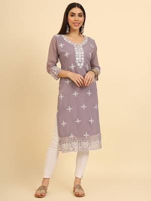 Purple ethnic lukhnowi chikankari work georgette fabric kurti 1