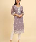 Purple ethnic lukhnowi chikankari work georgette fabric kurti