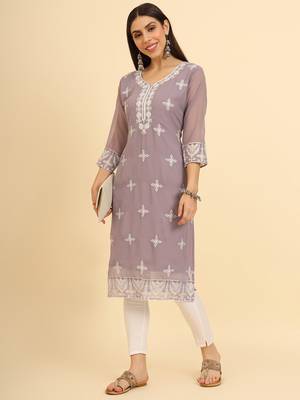 Purple ethnic lukhnowi chikankari work georgette fabric kurti 4