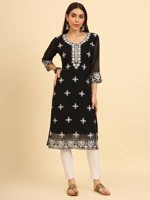 Black ethnic lukhnowi chikankari work georgette fabric kurti 1