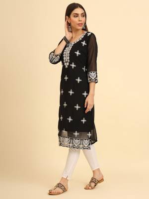 Black ethnic lukhnowi chikankari work georgette fabric kurti 4