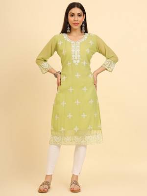 Khaki ethnic lukhnowi chikankari work georgette fabric kurti 1