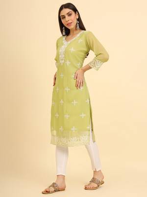 Khaki ethnic lukhnowi chikankari work georgette fabric kurti 4