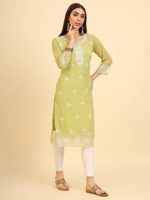 Khaki ethnic lukhnowi chikankari work georgette fabric kurti 5