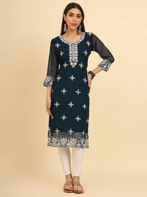 Teal ethnic lukhnowi chikankari work georgette fabric kurti 1