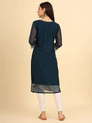 Teal ethnic lukhnowi chikankari work georgette fabric kurti 2