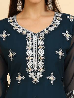 Teal ethnic lukhnowi chikankari work georgette fabric kurti 3