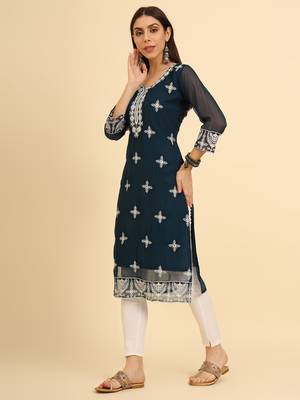 Teal ethnic lukhnowi chikankari work georgette fabric kurti 4