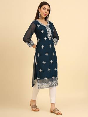 Teal ethnic lukhnowi chikankari work georgette fabric kurti 5