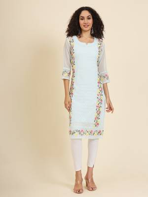Beautiful sky blue colour georgette fabric fancy ethnic girlie kurti 1