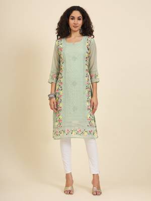 Beautiful pista colour georgette fabric fancy ethnic girlie kurti 1