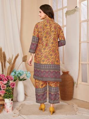 Mustard colour beautiful printed trendy coord set dress for looks 3