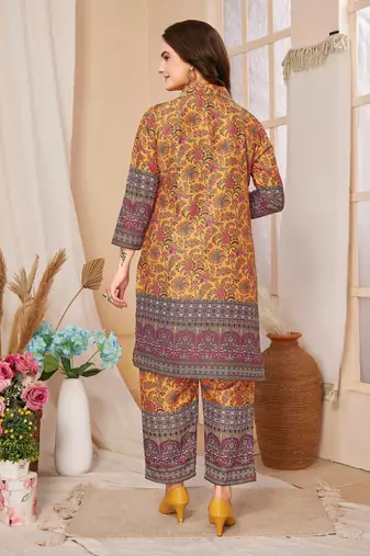 Mustard colour beautiful printed trendy coord set dress for looks