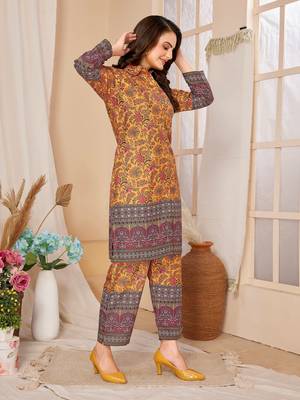 Mustard colour beautiful printed trendy coord set dress for looks 4