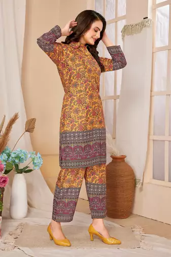 Mustard colour beautiful printed trendy coord set dress for looks