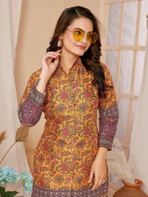 Mustard colour beautiful printed trendy coord set dress for looks 5