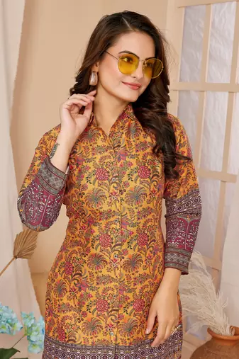 Mustard colour beautiful printed trendy coord set dress for looks