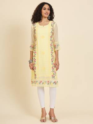 Beautiful yellow colour georgette fabric fancy ethnic girlie kurti 1