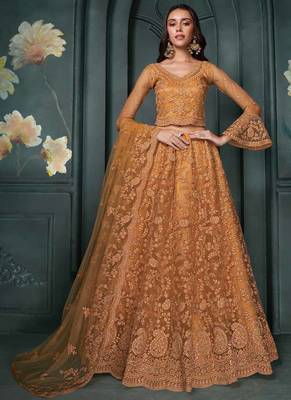 designer orange net embroidery bridal lehenga 1