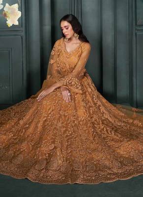 designer orange net embroidery bridal lehenga 2