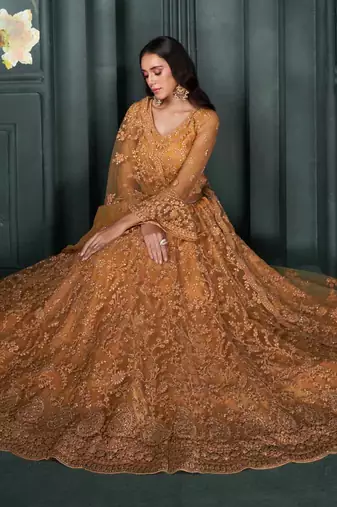 designer orange net embroidery bridal lehenga
