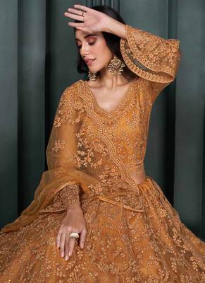 designer orange net embroidery bridal lehenga 3