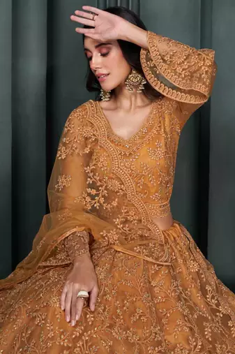 designer orange net embroidery bridal lehenga
