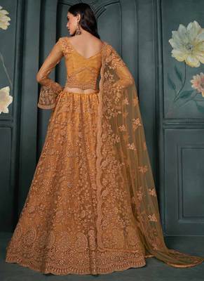 designer orange net embroidery bridal lehenga 4