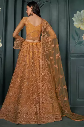 designer orange net embroidery bridal lehenga
