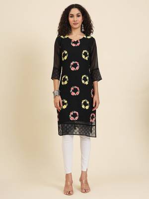 Black georgette fabric fancy resham embroidery designer floral work kurti 1