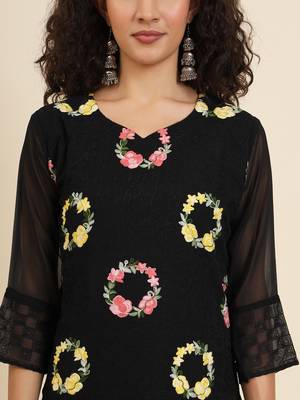 Black georgette fabric fancy resham embroidery designer floral work kurti 3