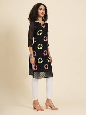Black georgette fabric fancy resham embroidery designer floral work kurti 4