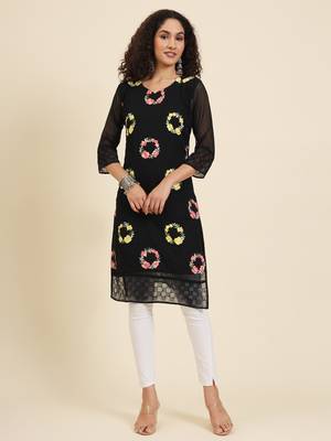 Black georgette fabric fancy resham embroidery designer floral work kurti 5