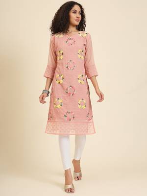 Peach georgette fabric fancy resham embroidery designer floral work kurti 1