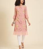 Peach georgette fabric fancy resham embroidery designer floral work kurti