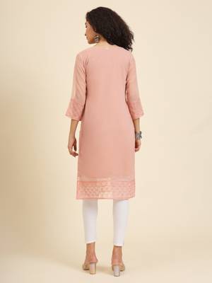 Peach georgette fabric fancy resham embroidery designer floral work kurti 2