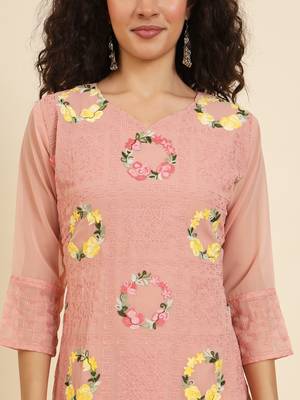 Peach georgette fabric fancy resham embroidery designer floral work kurti 3