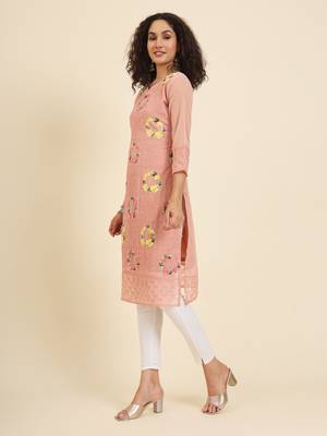Peach georgette fabric fancy resham embroidery designer floral work kurti 4