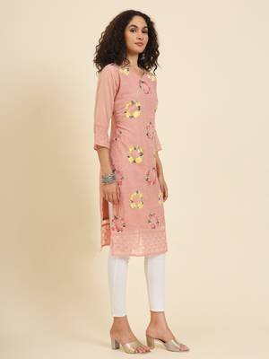 Peach georgette fabric fancy resham embroidery designer floral work kurti 5