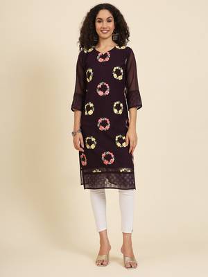 Wine georgette fabric fancy resham embroidery designer floral work kurti 1