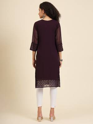 Wine georgette fabric fancy resham embroidery designer floral work kurti 2